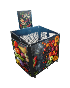 Ilot de présentation avec affiche de fruits et légumes